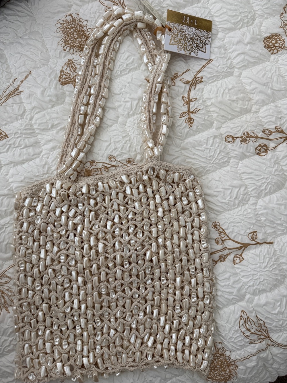 Beaded Crochet Pearl Tote Bag - Cream